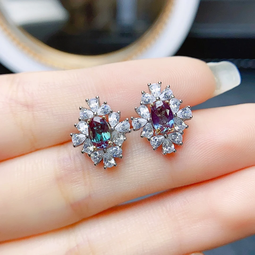 Russian Alexandrite Color Change Gemstone Stud Earrings in 925 Silver June Birthstone Alexandrite Stud Earrings For Gift