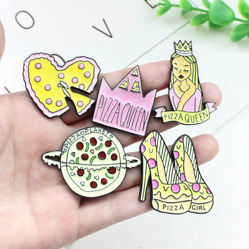 Girl Pins Pizza Heart Crown Planet High heels brooch Bag Clothes Lapel Pin Badge Food Jewelry For Kids Friend Pizza Queen Pizza