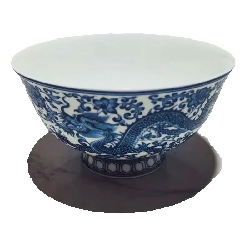 Chinese Old Porcelain Blue White Entwined Lotus Double Dragon Patterned Bowl Antique Decorative Kitchenware Dishware