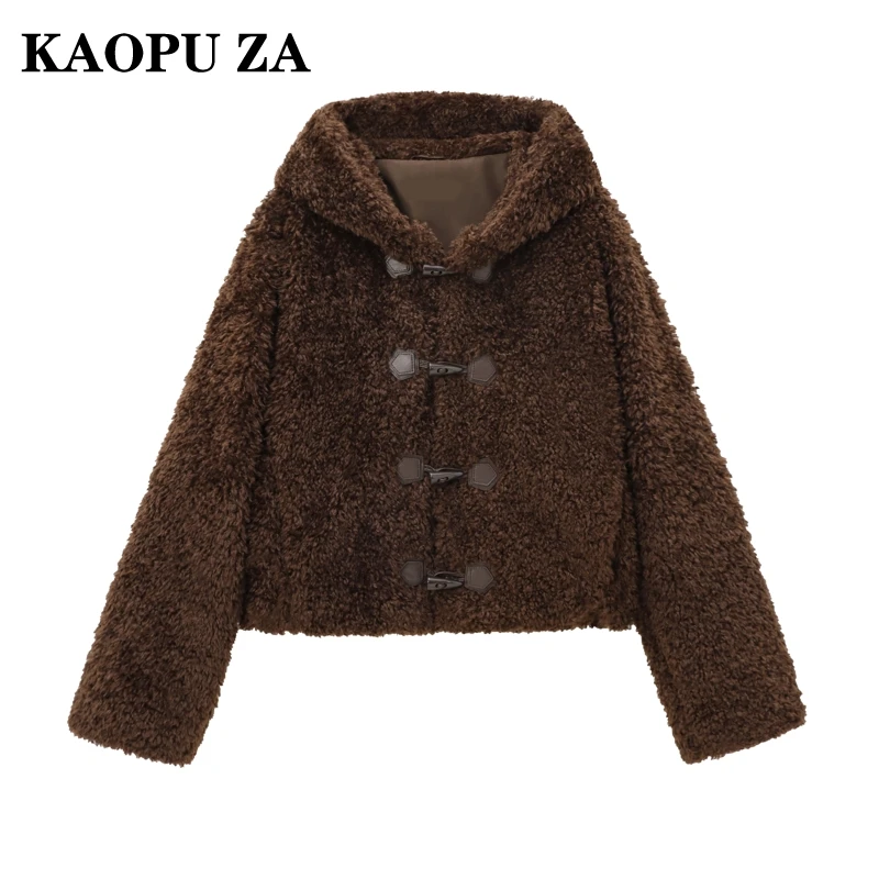 KAOPU ZA 2024 Winter Woman's Vintage Fleece Overcoat Jacket Chic Autumn Female Long Sleeve Hooded Collar Outerwear Keep warm Top