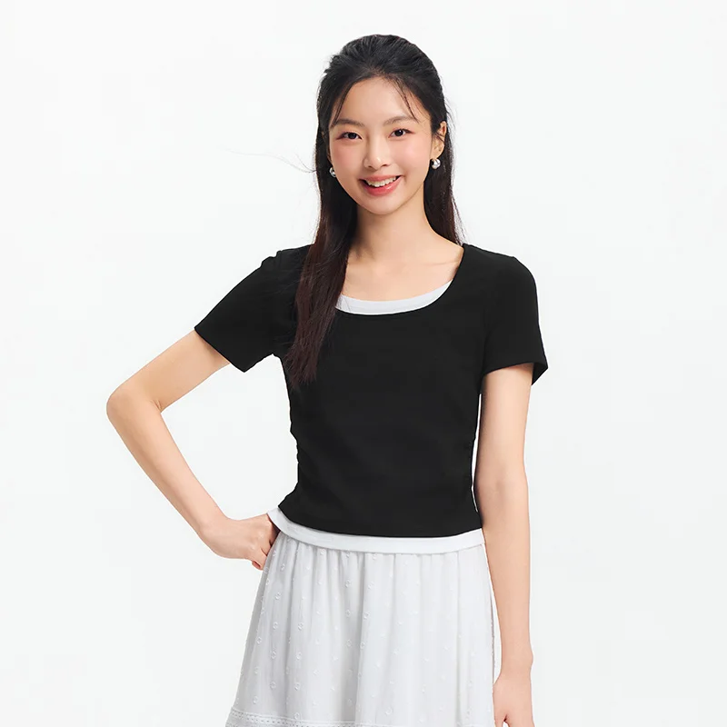 Semir Short Sleeve T-Shirt Women Cropped Fake Two-Piece Versatile 2025 New Summer Slim Fit U Neck Top Slimming for Chic Style image 5