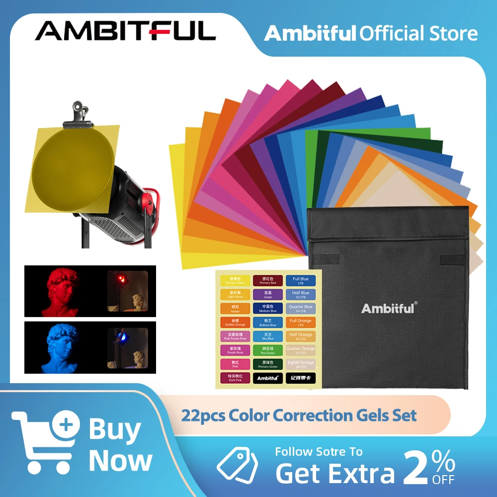 AMBITFUL  22pcs Color Correction Gels Set 25*25cm Lighting Gels CTO Photo Lights Gel Filters Light Sheets for Strobe Flashlight
