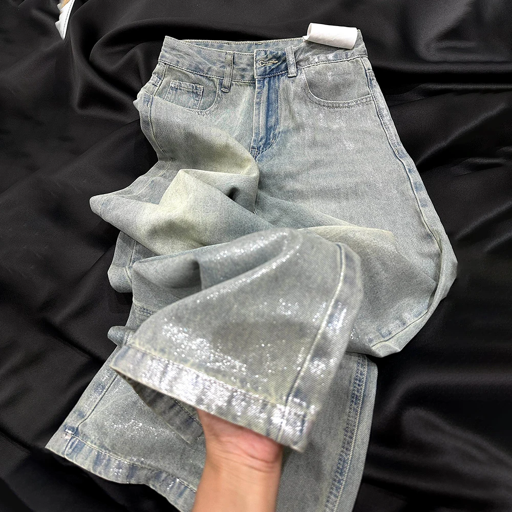 

Trendy Silver Blue Jeans for Women Spring Autumn Shiny Sequin Coated Denim Pants Streetwear High Waist Straight Wide Lge Jeans