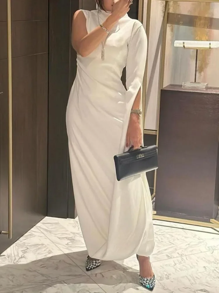 Female Ladies Solid White Elegant Evening Dress High Neck One-shoulder Flying Sleeve Slim Fit Maxi Dress for Women