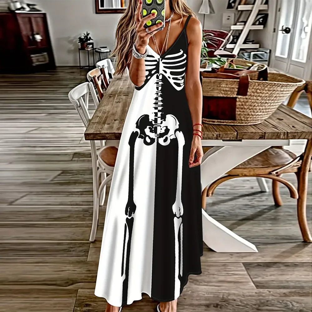 Vestidos Women's Sleeveless Long Dress Exquisite Spaghetti Strap Dress White & Black 3d Skull Printed Suspender Dress Summer