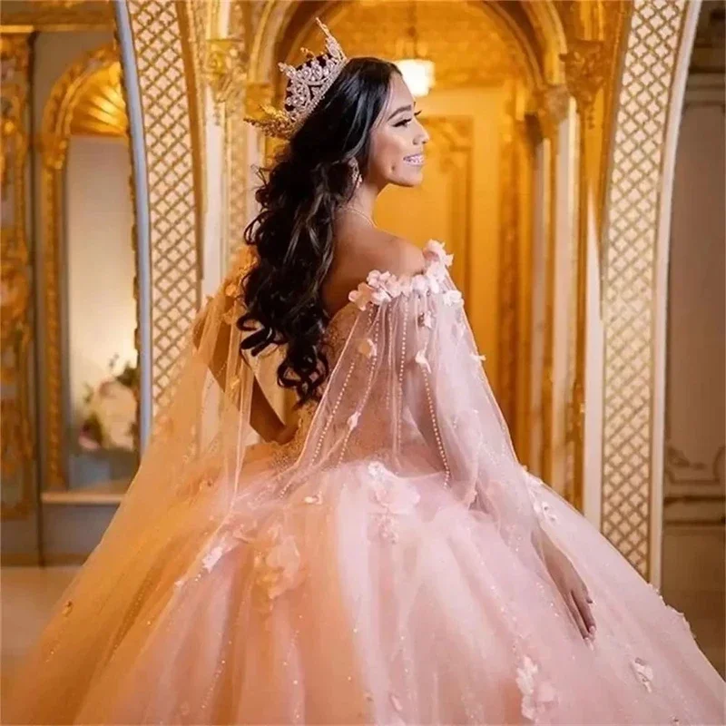 Pink Appliques Mexican Quinceanera Dresses 3D Flowers Sweetheart Ball Gown with Cape Tulle Vestidos De 15 Años Sweet 16 Dress