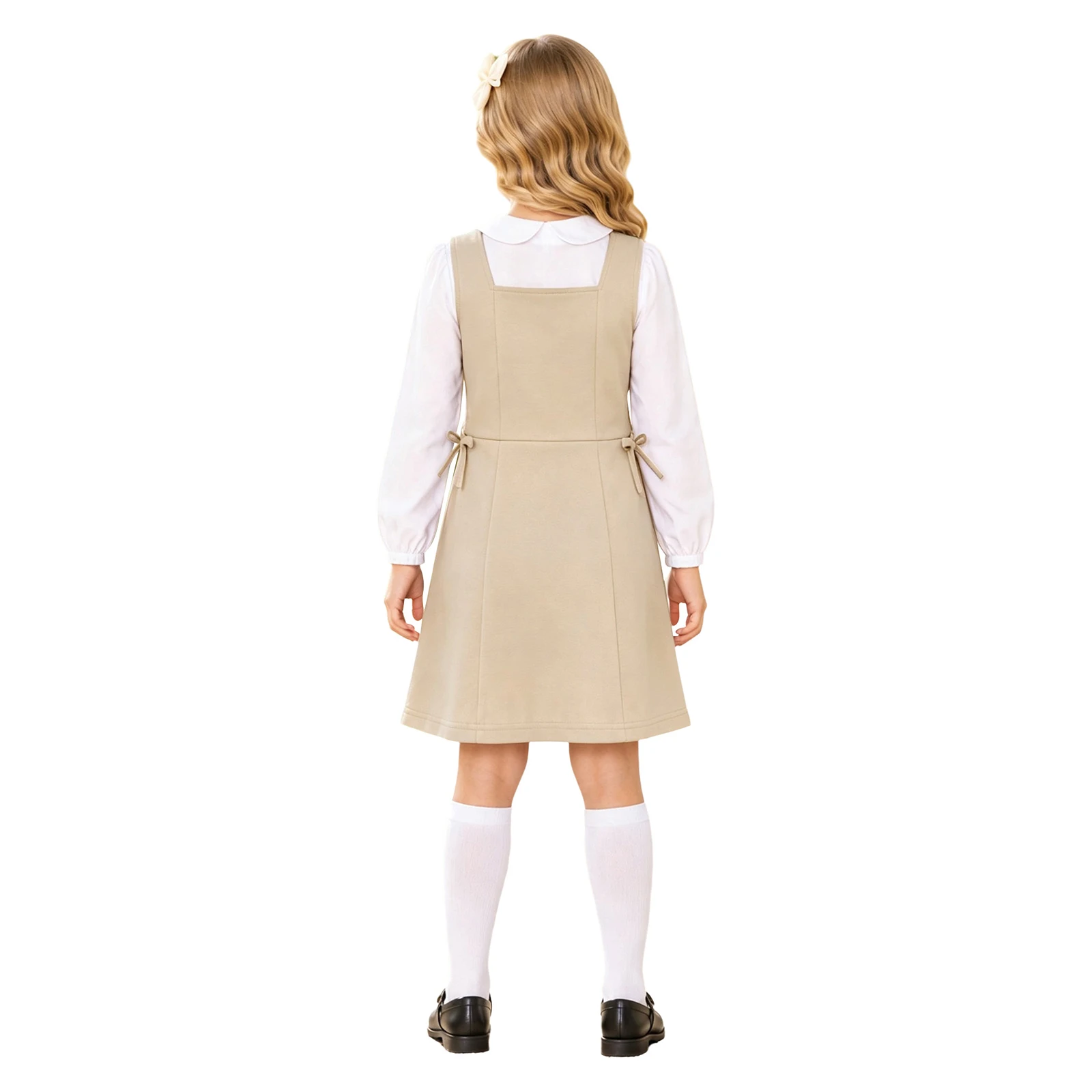 Kids Girls School Uniform Jumper Sleeveless Side Invisible Zipper Dress with Bowknot Pockets for Classroom School Events Daily