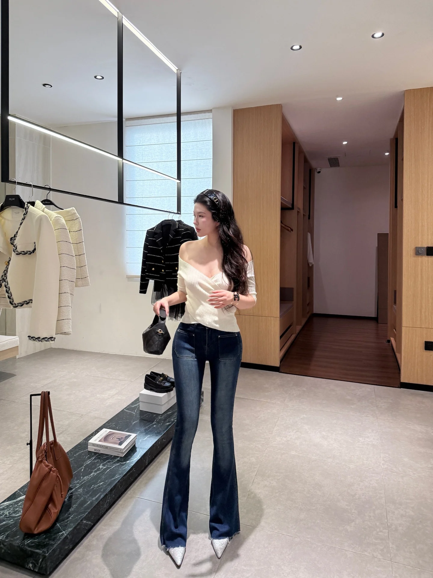 

Deep Blue High Waist Stretchy Slimming Denim Jeans Women's Floor-Length Washed out Bootcut Trousers Casual Cotton Stretch Denim