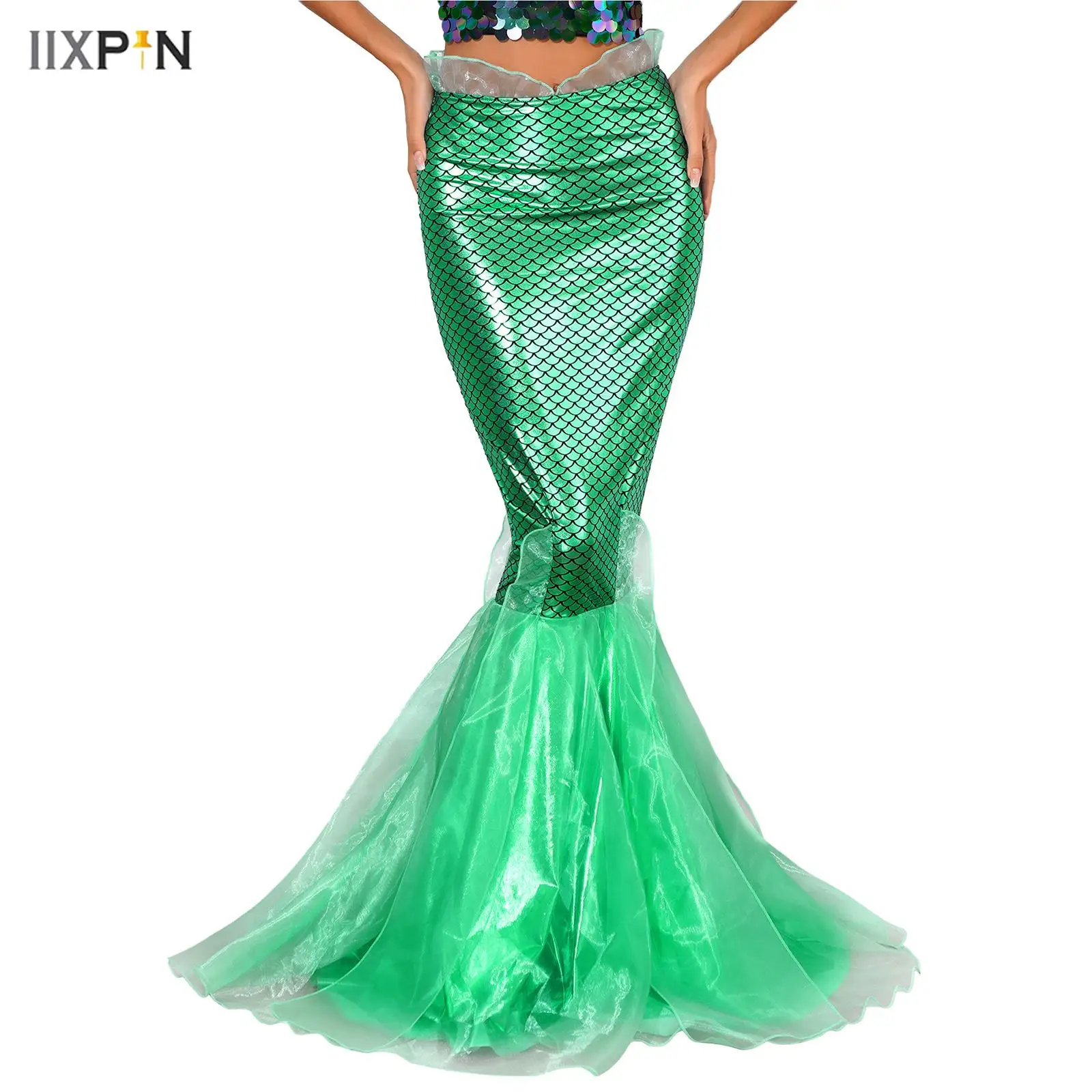 

Womens Halloween Mermaid Cosplay Maxi Skirt Cascading Tulle Fish Scale Print Metallic Shiny Fishtail Skirt for Party Dress up