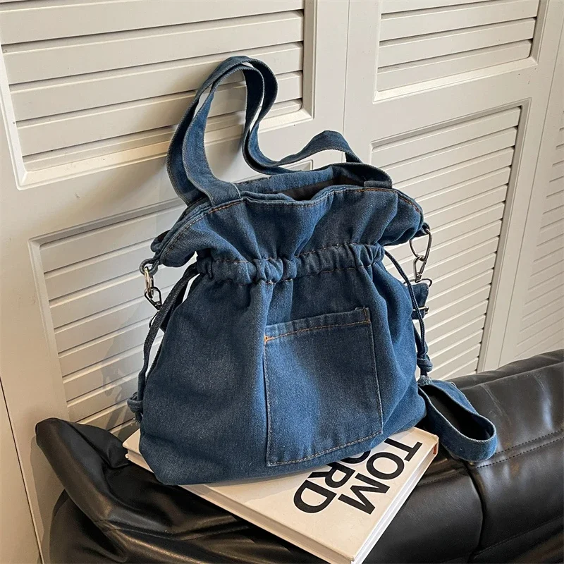 Washed Denim Large Capacity Single Shoulder Bucket Bag 2024 New Trendy Versatile One Bag Smooth Shoulder Strap Versatile Bag