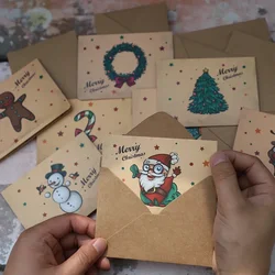 9pcs/Set Vintage Christmas Kraft Blank Paper Greeting Card with Envelopes Santa Claus Reindeer Invitation Thanksgiving Gift Card