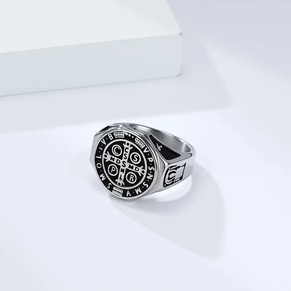 Men's Stainless Steel St Saint Benedict Exorcism Ring Catholic Roman Cross Ghost Hunter Band Size #8-12