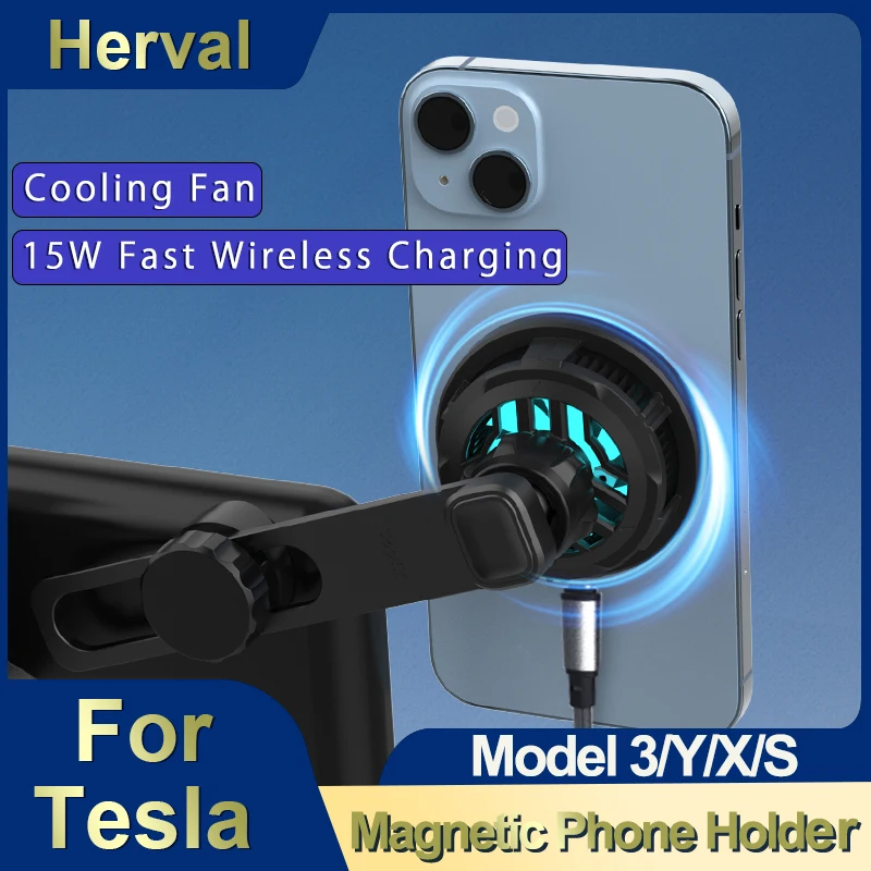 Herval For Tesla Model 3/Y/S/X Highland Car Magnetic Phone Holder 15W Cooling Magnetic Wireless Fast Charging Phone with fan