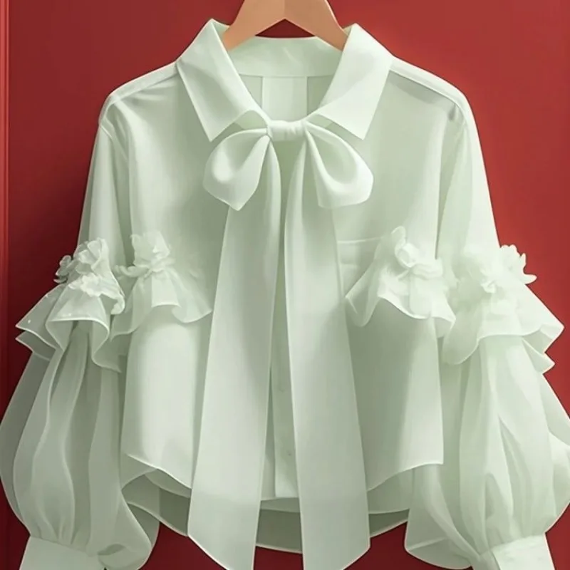 Sweet Bow-Tie Long-Sleeve Blouse Women's Shirts New Top Lace Trendy Versatile French-Style Unique Shirt Green Blue Tops