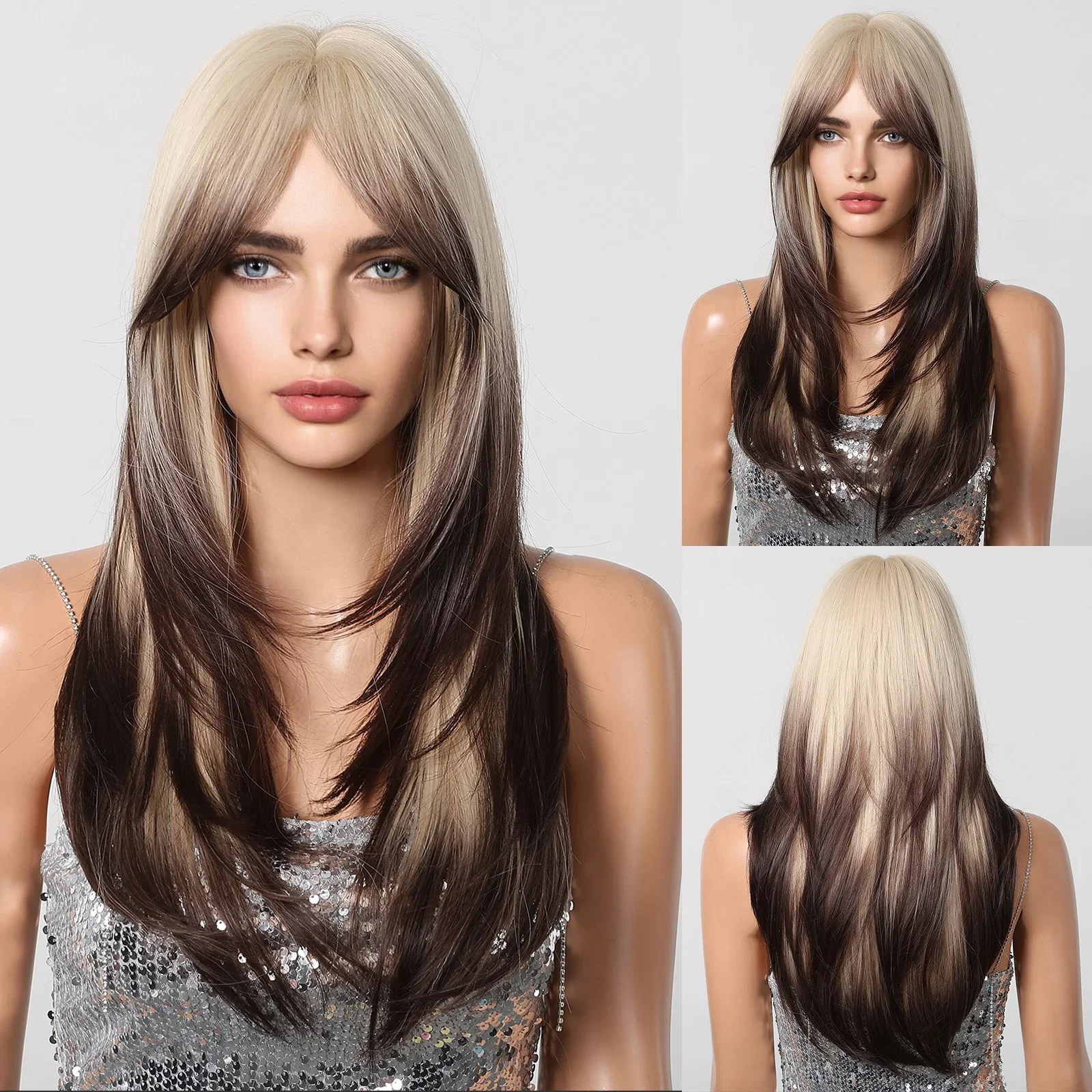 

Blonde to Brown Ombre Synthetic Layered Bangs Long Straight Natural Wig