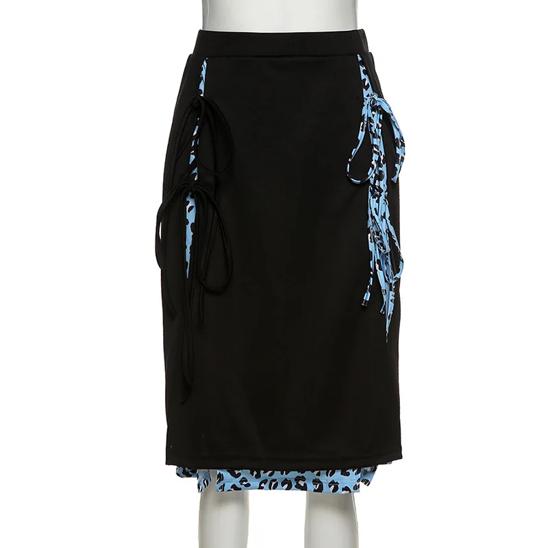Sexy Print Patchwork Split gonne Bodycon donna dolce lunghezza al ginocchio coulisse A Line gonne coreano Fashion Party Club Streetwears
