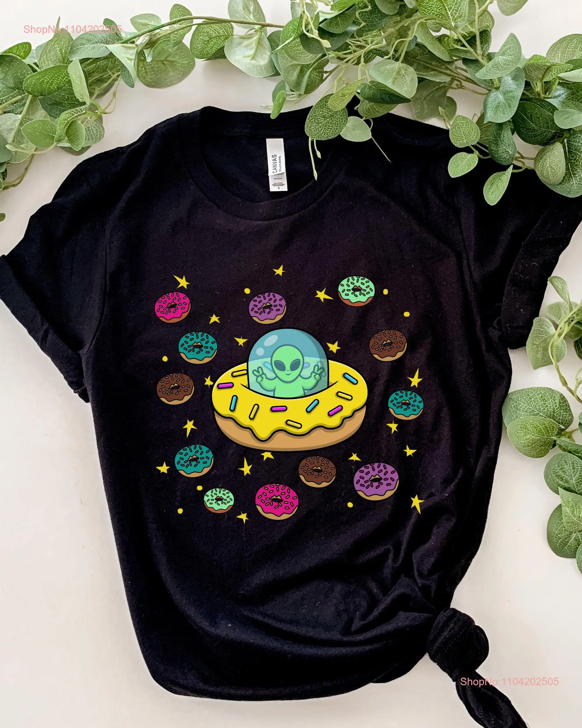 Alien DonuT T Shirt Funny UFO Cute Doughnut Extraterrestrial Peace Sign Lover Space Planets Top long or short sleeves