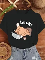 Im Okay Cat Graphic TShirt Casual Black Tee with Cute Lazy Cat Design Short Sleeves Round Neck Spring and Summer women t shirt