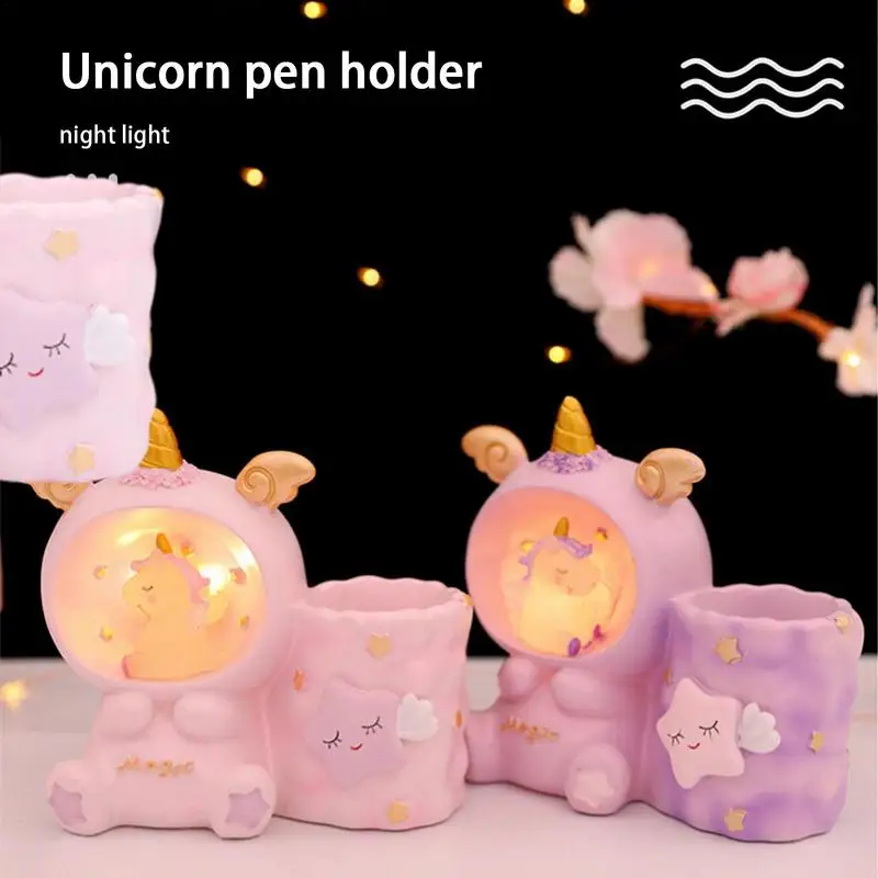 Desk Lamp with Pen Holder Decorative Cute Pen Pen Organizer with Soft Light Resin Desk Reading Night Lamp for Kids room Bedroom