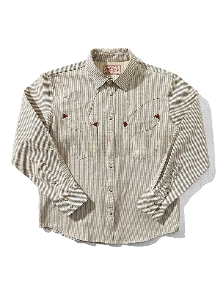 

MBBCAR Western Series Narrow Stripe irt American Retro Long Sve Cotton Polyester Blend Wear Resistant Youth Faion irt