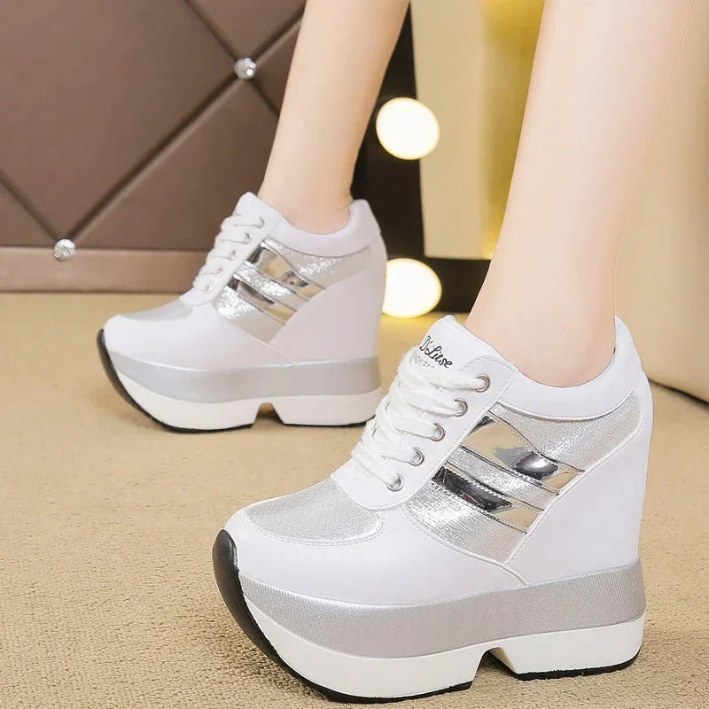 2023 Autumn Women High Platform Shoes Height Increasing Casual Shoes 12 CM Thick Sole Trainers Breathable Shoes Women Sneakers