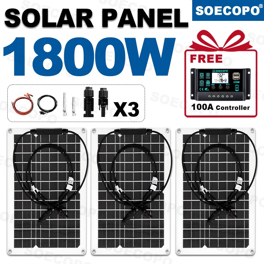 SOECOPO 1800 W Camping-Solarpanel-Set – 3 x 600 W-Panels, kostenloser 100-A-Controller, USB 5 V, ideal für Campingausrüstung und Outdoor-Reisen