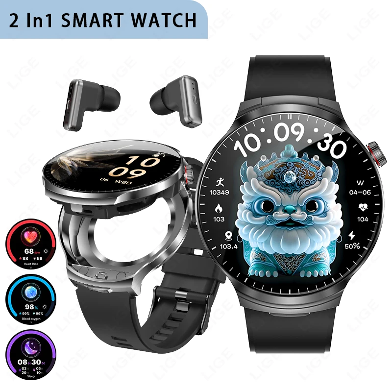 

Смарт-часы LIGE New TWS 2-в-1 с наушниками, 1,85 дюйма, Bluetooth-вызовы, мониторинг сердечного ритма, музыкальные часы для мужчин, 2026