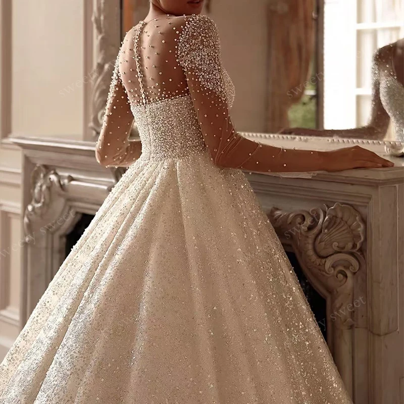 Robe De mariée gracieuse, broderie De perles, robe De bal, manches longues, col en v, bouton arrière personnalisé