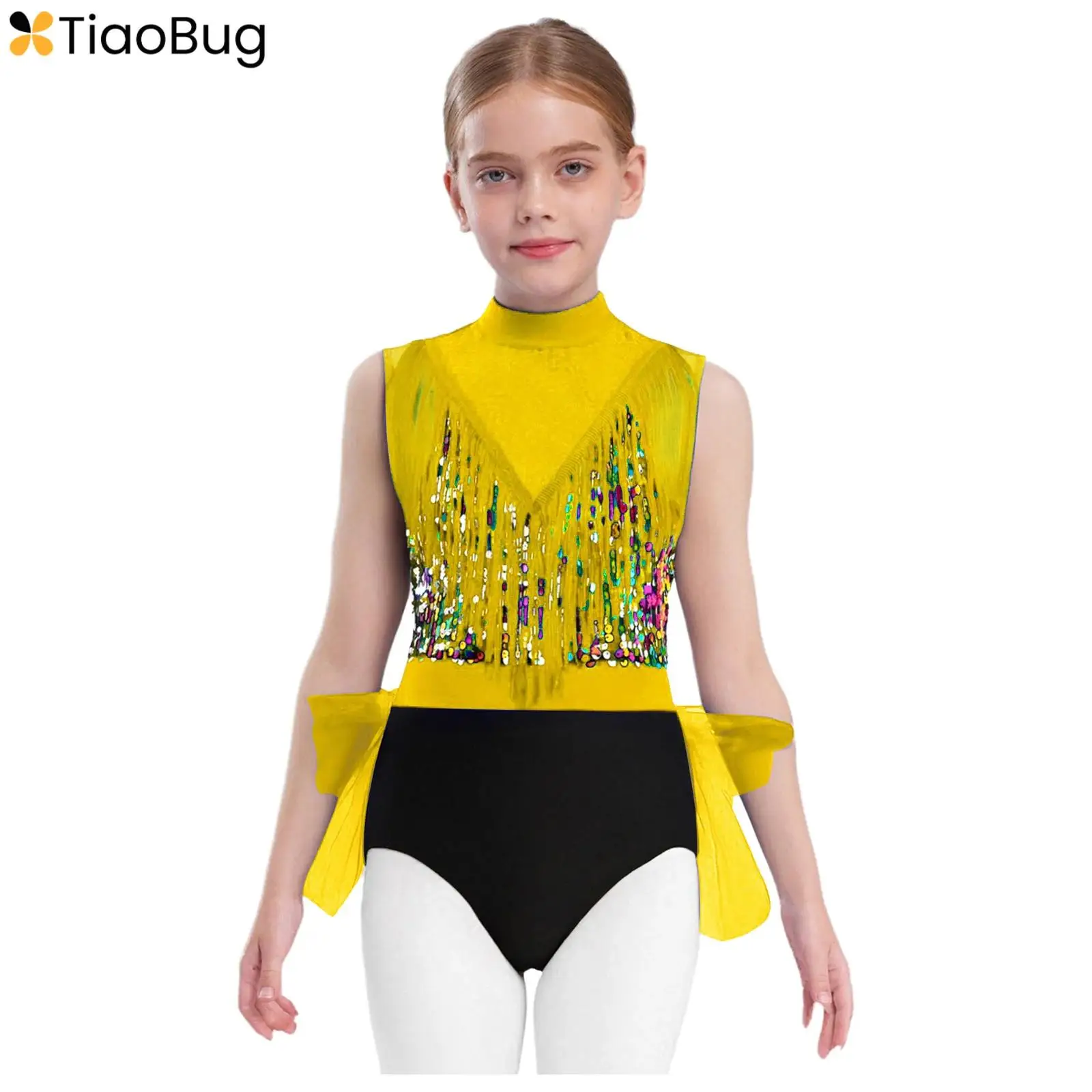 

Kids Girls Gymnastics Leotard Latin Jazz Dance Bodysuit Performance Costume Sleeveless Cutout Back Tassels Shiny Sequins Leotard