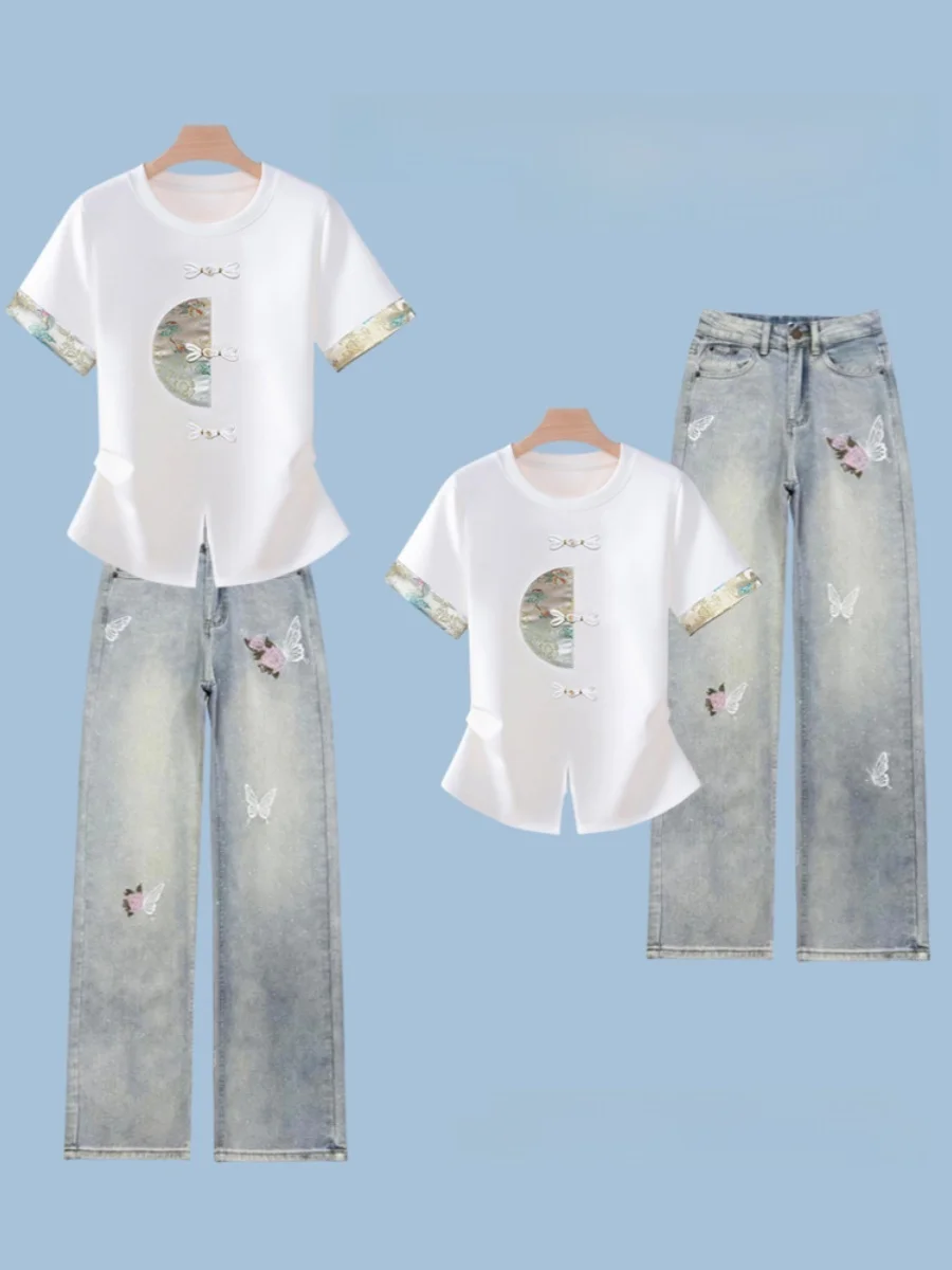 

Heavyweight Sparkling Star River Wide Leg Jeans Women's Summer New Sle Set National Sle Button ort Sve T-irt Women...