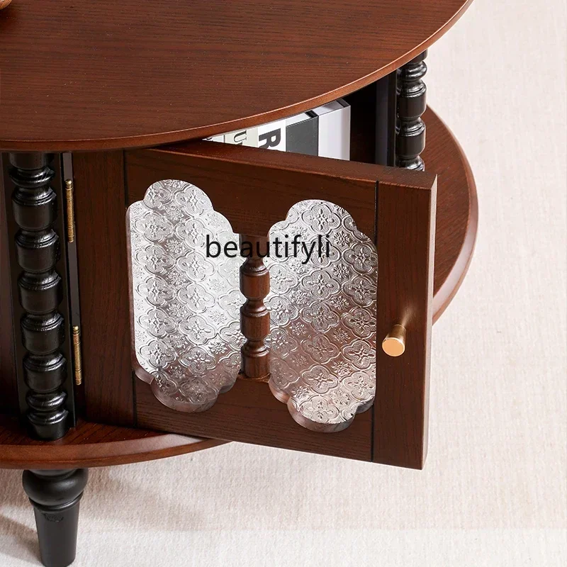 French retro all-solid wood coffee table living room home TV cabinet combination round tea table