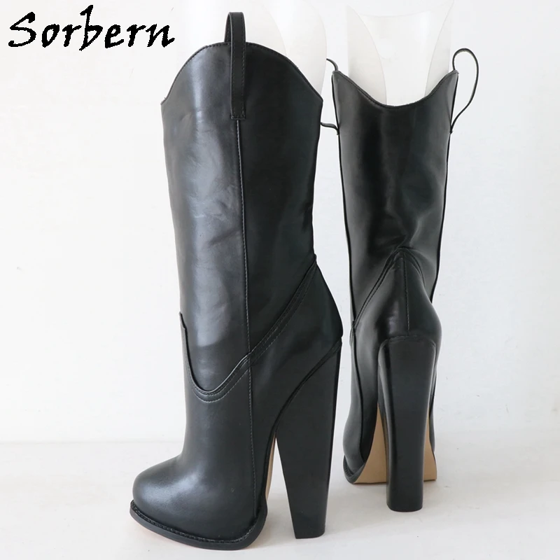 Sorbern Black Matte Wide Ankle Boots Women Block High Heel Stilettos Cute Round Toe Hidden Platform Shoes Slip On Unisex Booties