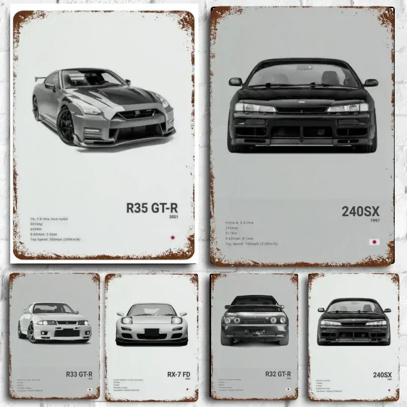 Metal Signs Decor Pop Black and White Japan Cars Luxury Super Sport Car Wall Posters Aesthetic R34 Gtr 240sx for Room Garage