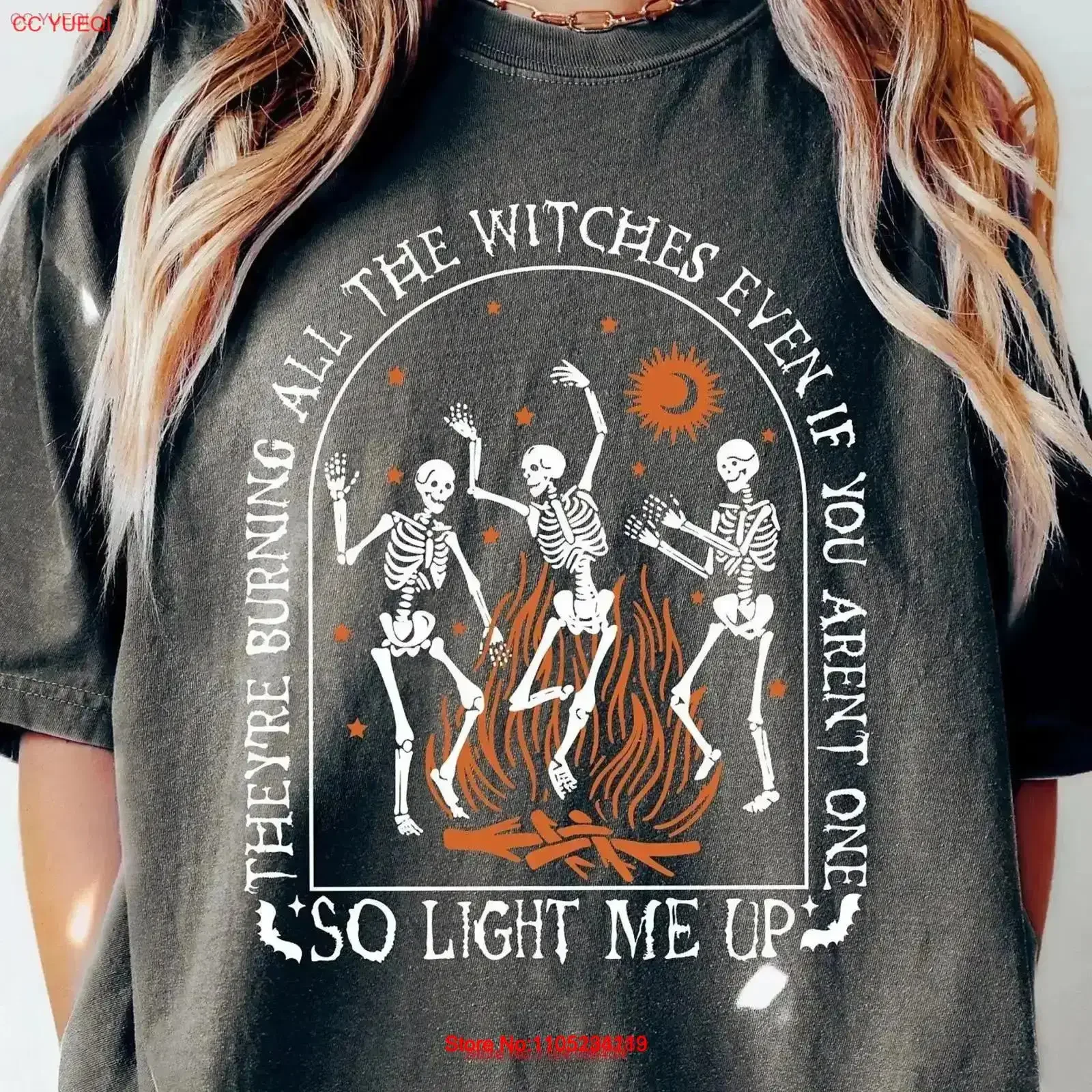 Retro Comfort Dancing Skeleton T Shirt They're Burning All The Witches Witchy Trendy Halloween Funny vintage Washed streetwear