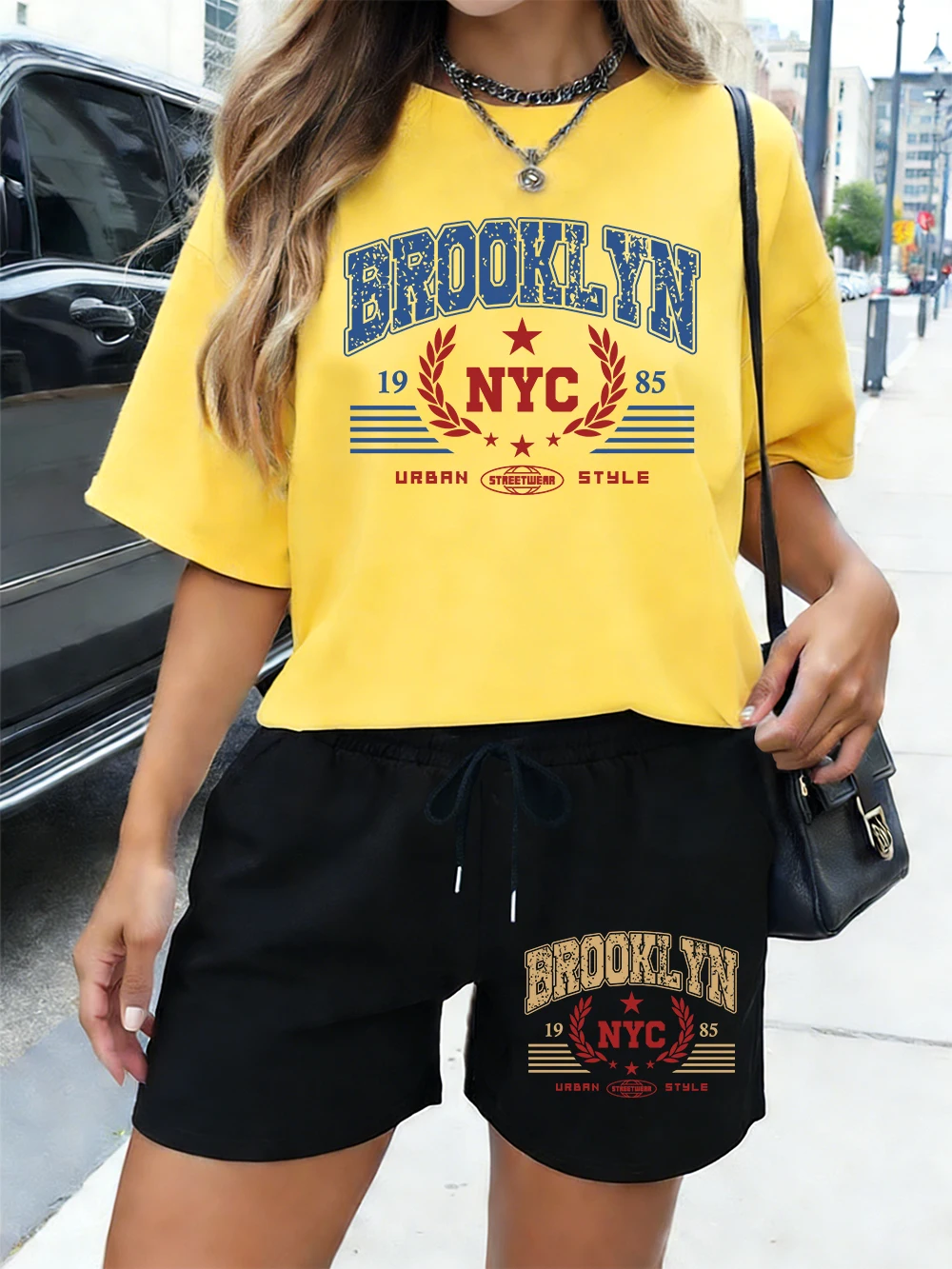 

Brooklyn Nyc Urban Style 1985 Print Cotton Tops Shorts Womens Basic Two Pieces Set T-Shirt Pants Summer Oversized O-Neck Clothes