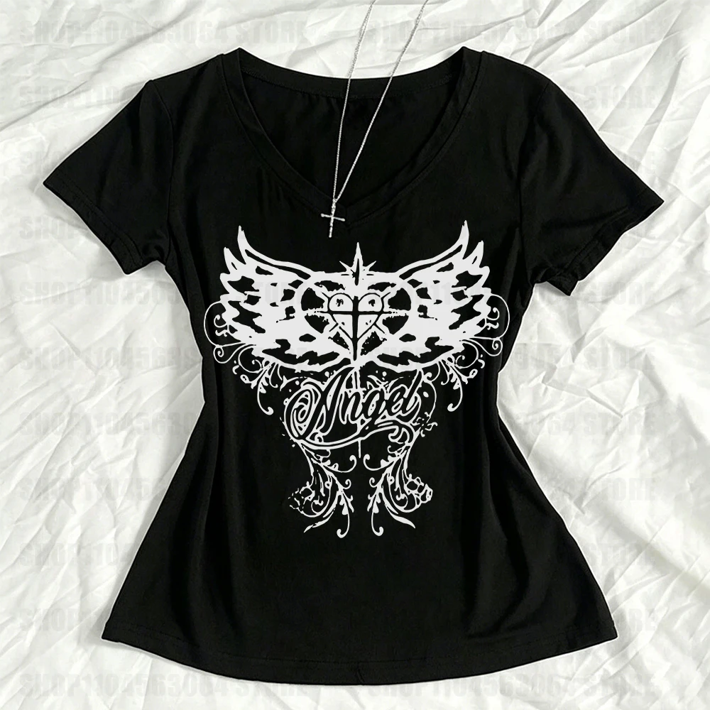 V-neck Gothic style T-shirt for women, 2026 letter wing print details, 2000s street style short sleeved T-shirt