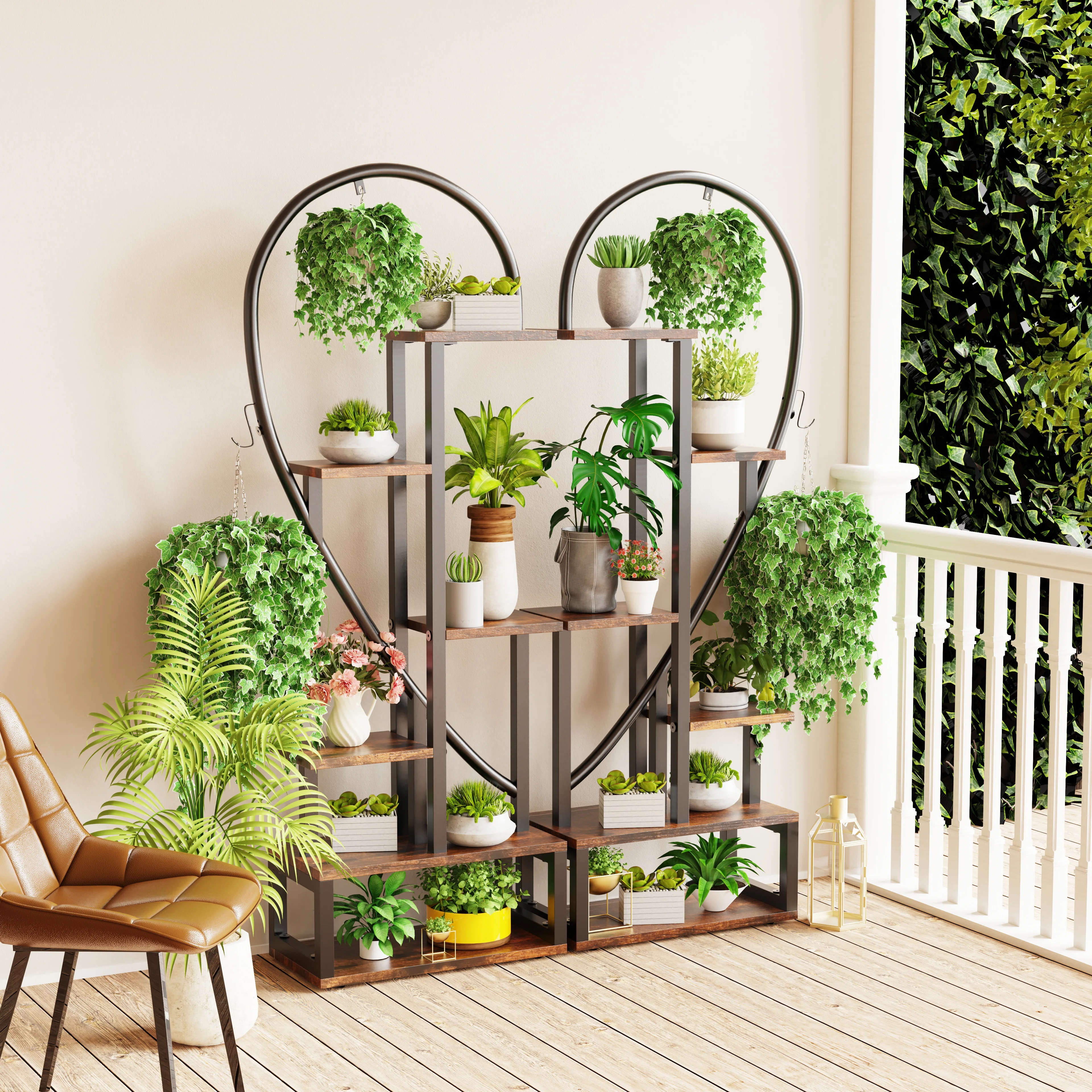 Soporte de Metal de 6 niveles para plantas, escalera creativa con forma de medio corazón para múltiples plantas de interior, estante negro