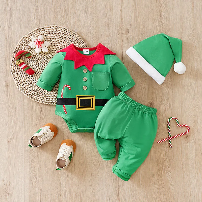 Christmas Set 3PCS Baby Triangle Jumpsuit Pants Hats 0-18 Months Newborn Knitted Autumn Festival Party Happy Lovely Round Neck