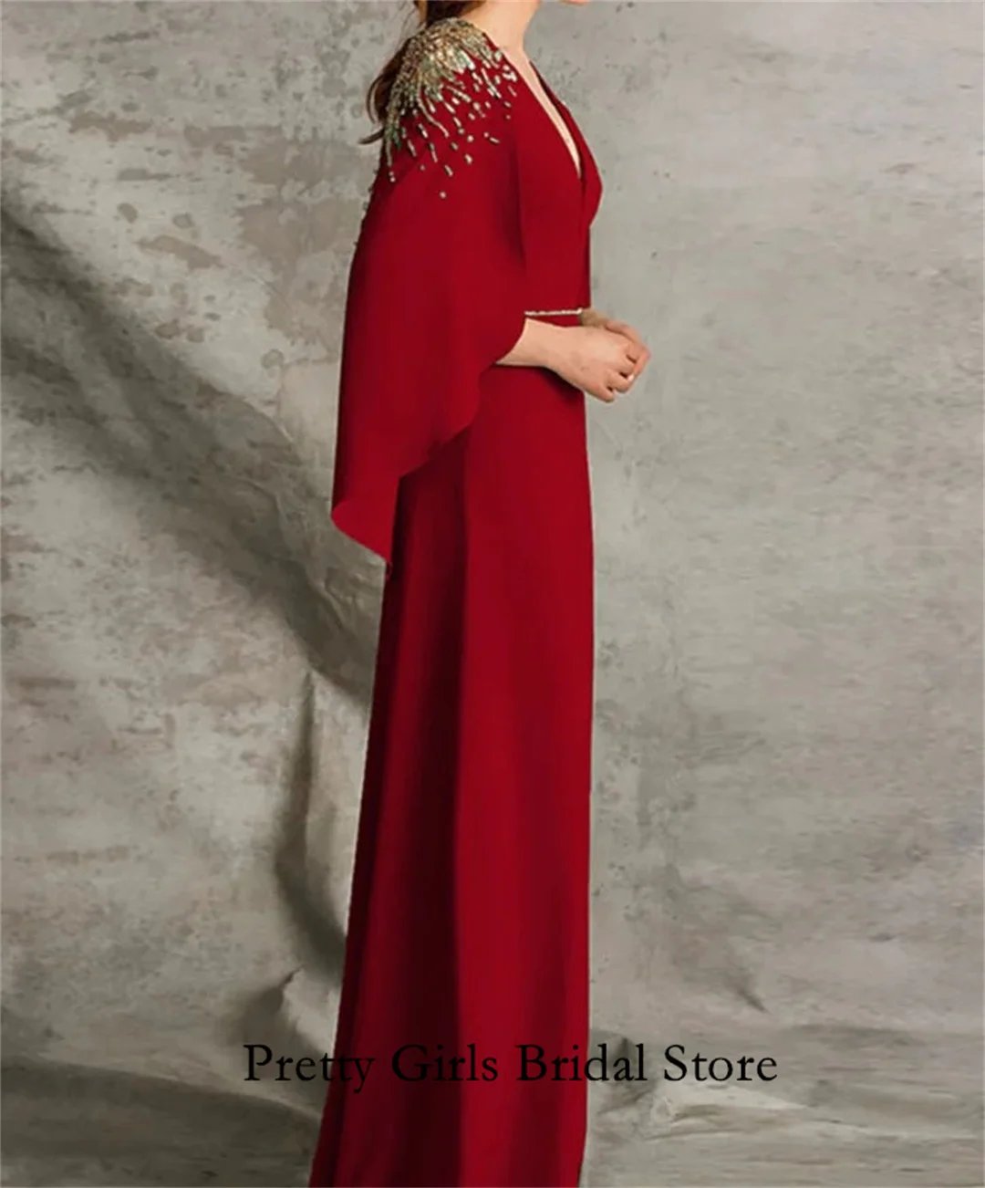 Arabic Morden Style V-Neck Crystals Evening Dresses With Cap Sleeves Customized Formal Burgundy Prom Growns Party Women Bride