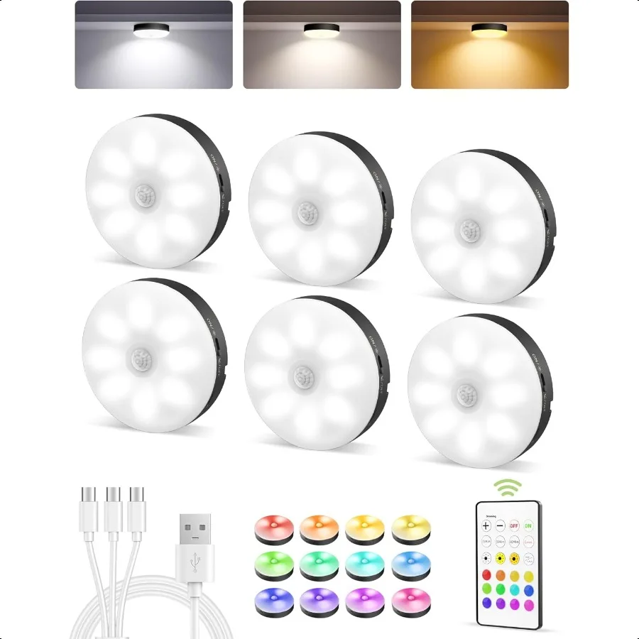 Illuminazione sotto l'armadio Luci a disco ricaricabili da 1000 mAh con telecomando 3 temperature di colore 12 Luci per armadio con sensore di movimento RGB Dimmer per interni