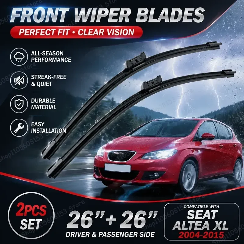 For Seat Altea XL 2004-2015 Front Rear Windshield Wiper Blades 26 Inch + 26 Inch All Weather Rubber Refills Replacement