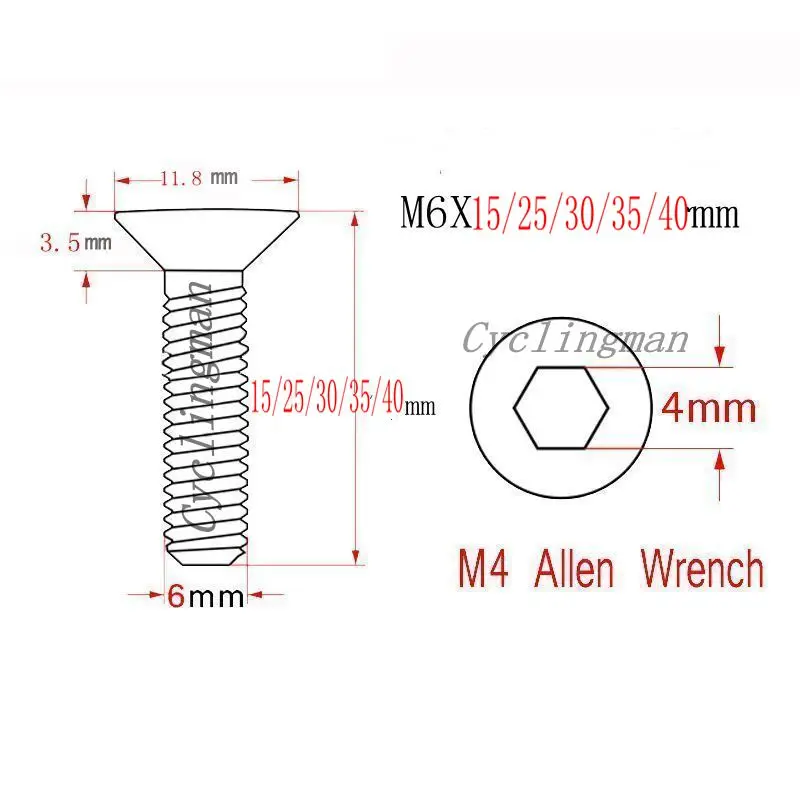 M6X15mm M6X25mm M6x30mm M6X35mm M6x40mm Ti Titanium Bike Countersunk Screws Allen Flat Head for Bicycle Bolt Screws Accessories