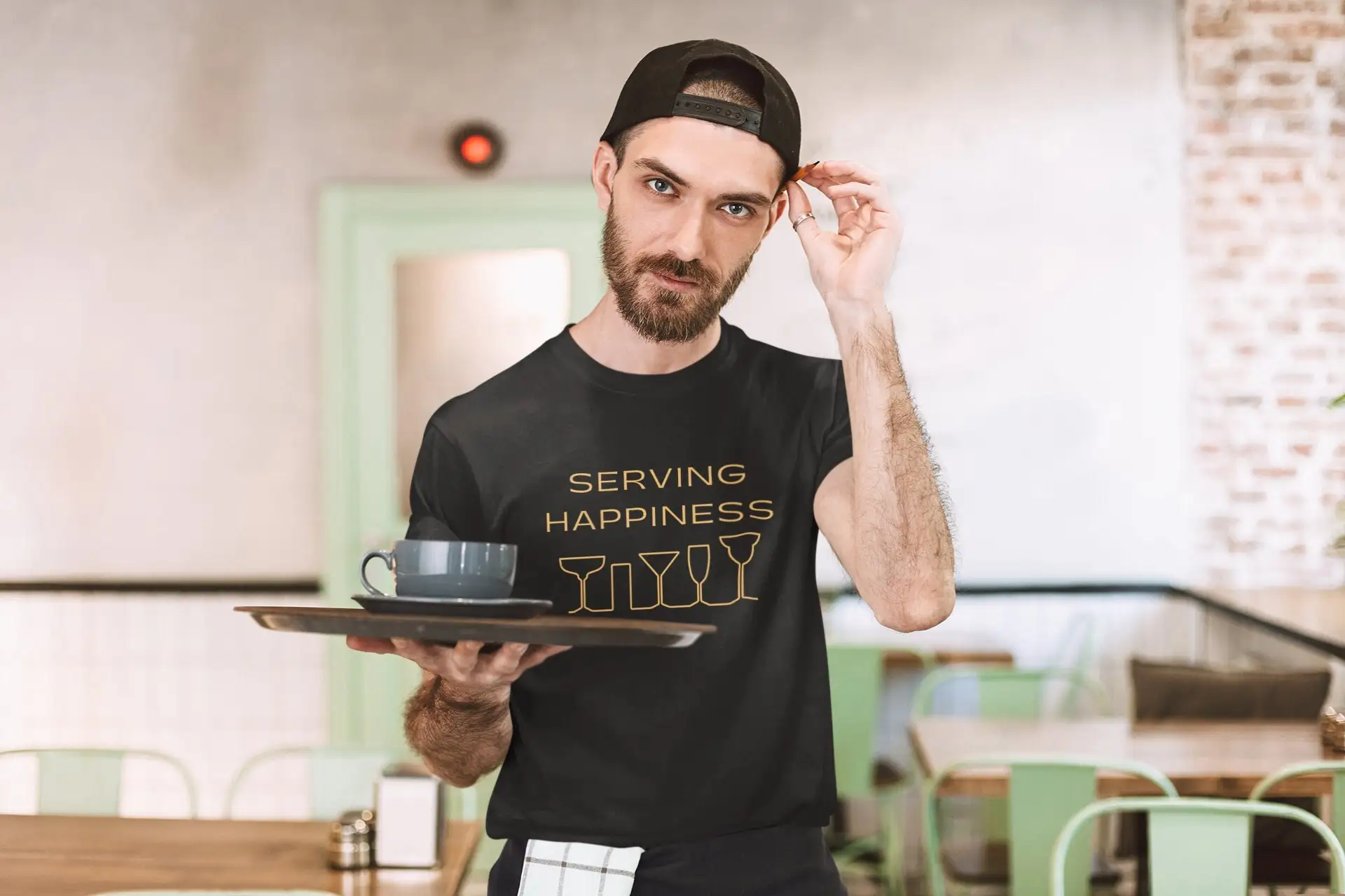 Serving Happiness T Shirt Funny Bartending Modern Bartender Minimalist Waitress Barista Wear Waiter