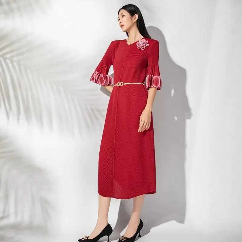 Miyake-vestido plisado de Color liso para mujer, vestido largo elástico holgado y fino drapeado europeo de talla grande, ropa para ir al trabajo en la oficina