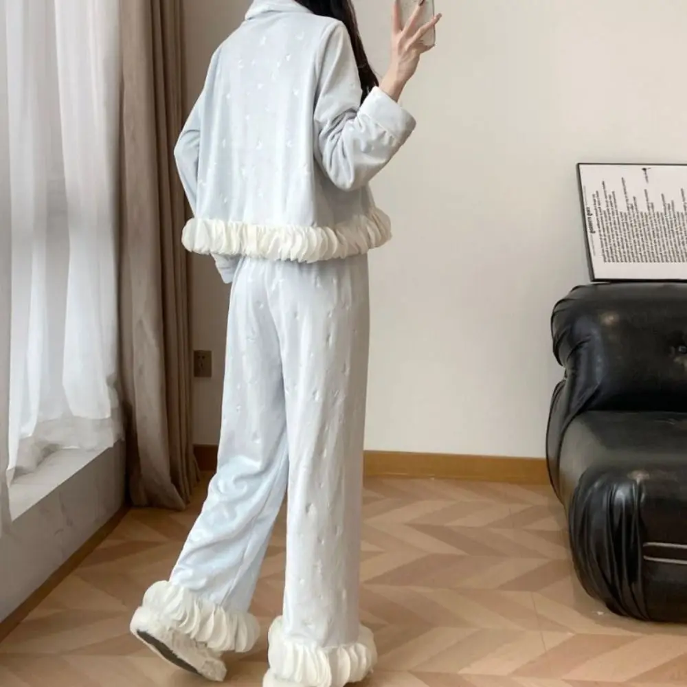 

Soft Long Sleeve Bow Pajamas Set Sweet Winter Velvet Pajamas Suit Home Wear Ruffle Warm Thicken Sleepwear Home