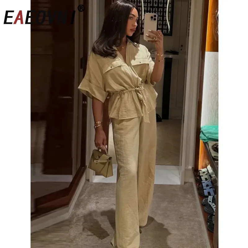 

EAEOVNI Fashion Women 2 Piece Set Short Sleeve Drawstring Waist Zipper Blouse + Wide Leg Pants Casual 2025 Summer New 1A1659