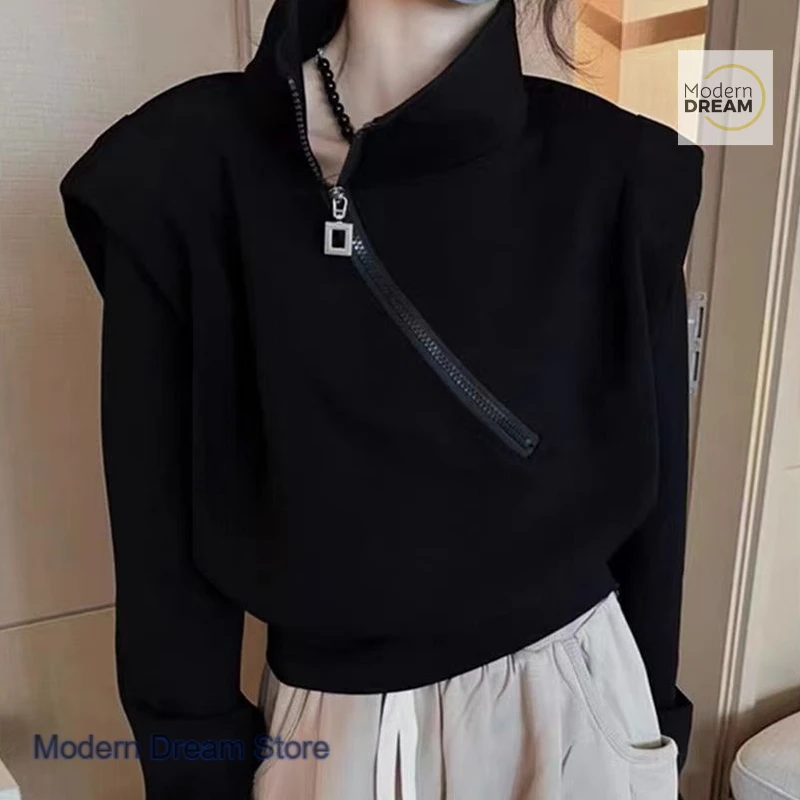 

Korean style fashion design sense sweater women's spring and autumn new temperament zipper fashion short collar casual top