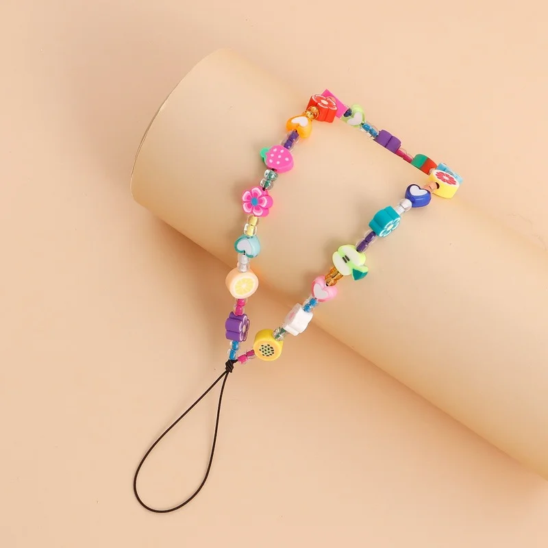 Simple Crystal Pearl Phone Chain Women Clay Beaded Phone Lanyard Devil\'s Eye Love Mobile Phone Strap Pendant Jewelry Accessories