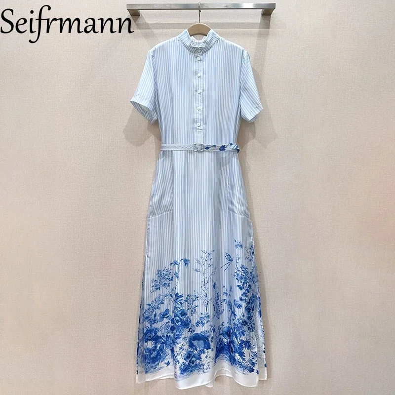 Seifrmann 2026 Sommer Damen Neues Modisches Kleid mit Stehkragen, Kurzen Ärmeln, Seidendruck und Taillengürtel