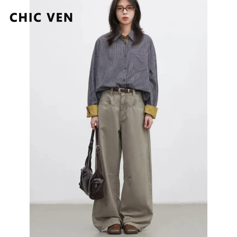 

CHIC VEN Korean Women Shirt Loose Casual Contrast Color Plaid Ladies Blouses Mid-length Cotton Coat Spring Summer 2026 Clothes